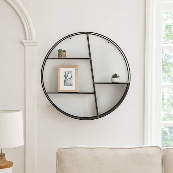 32 in. x 7 in. Black Metal Decorative Accent Wall Shelf with Round Geometric Frame