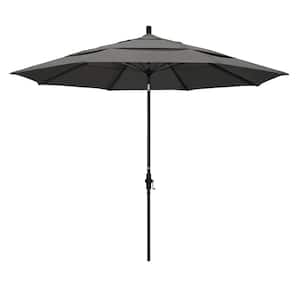 11 ft. Matted Black Aluminum Market Patio Umbrella with Collar Tilt Crank Lift in Charcoal Sunbrella