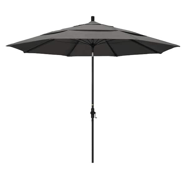 California Umbrella 11 ft. Matted Black Aluminum Market Patio Umbrella with Collar Tilt Crank Lift in Charcoal Sunbrella