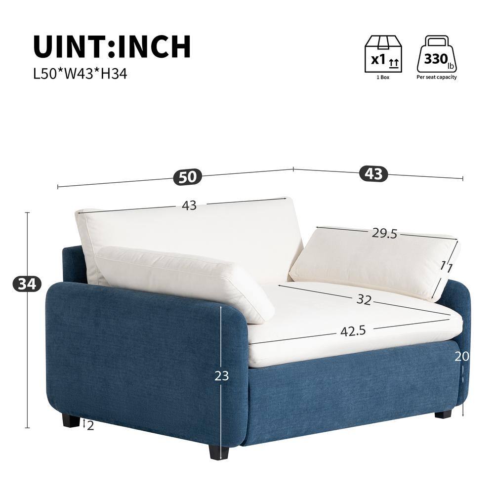 Oversized Blue and Cream Chenille Accent Armchair with Wood Frame