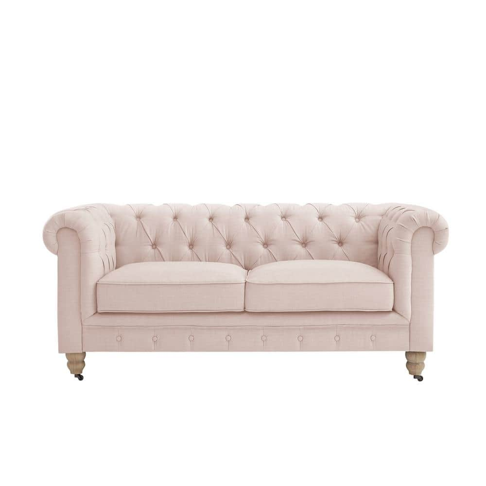 Shabby Chic Macey Pink Loveseat Button Tufted Linen 71 L x 33.5 W x 30. ...