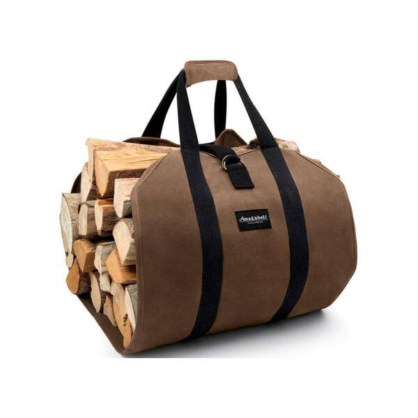 Angel Sar Brown Waxed Canvas Firewood Carrier Bag - Large Log Tote