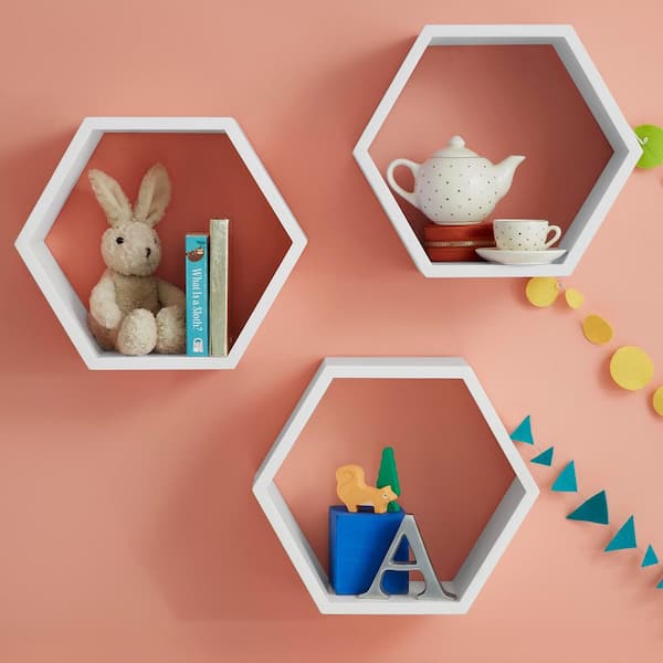 StyleWell Kids Hexagon White Floating Wall Shelves (Set of 3)