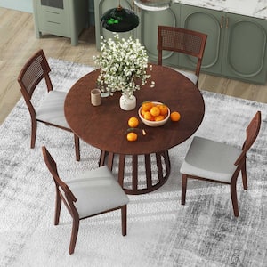 5-Piece Round Walnut Wood Dining Set with 4-Linen Upholstered Chairs, Hollowed-out Woven Rattan Design