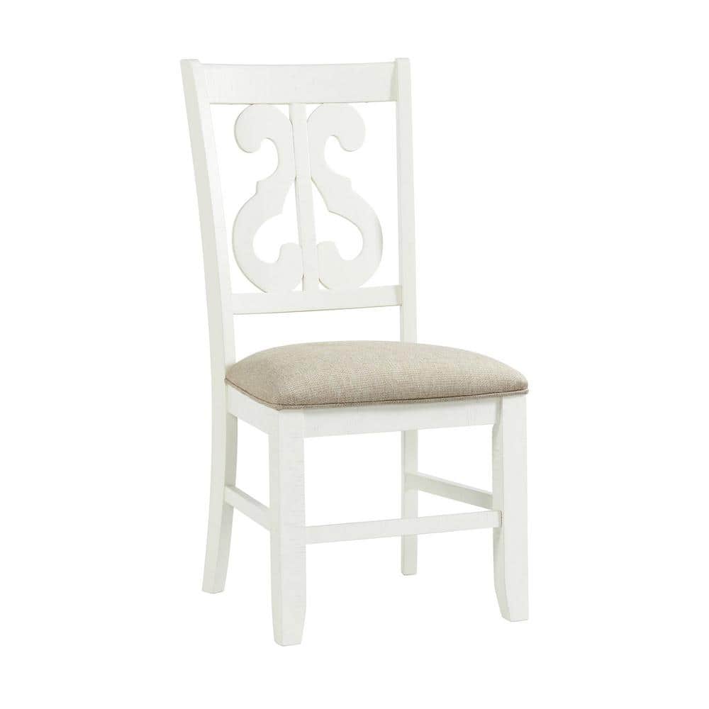 Elegant White Wooden Side Chair with Swirl Back Design and Upholstered Seat