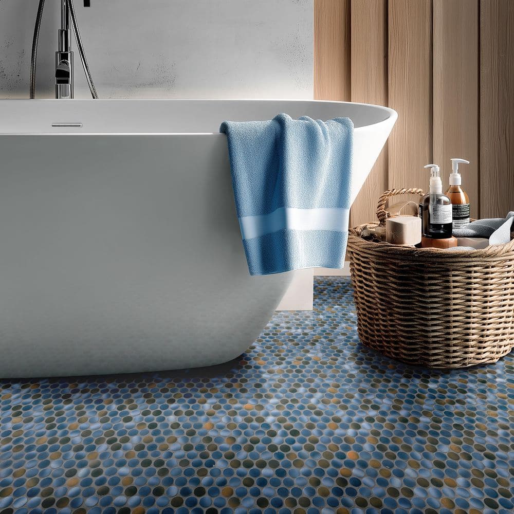 Azul Glossy Penny Round Porcelain Mosaic Tile 12" x 13"