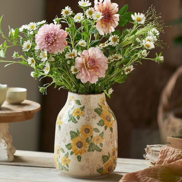 8 in. Beige Ceramic Cylinder Sunflower Floral Modern Flower