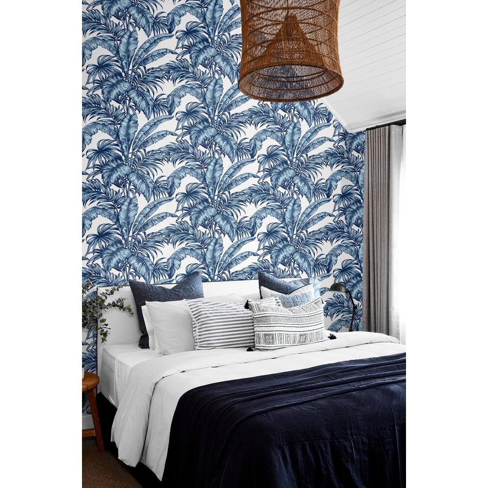 Marine Blue Tropical Palm Vinyl Peel and Stick Wallpaper