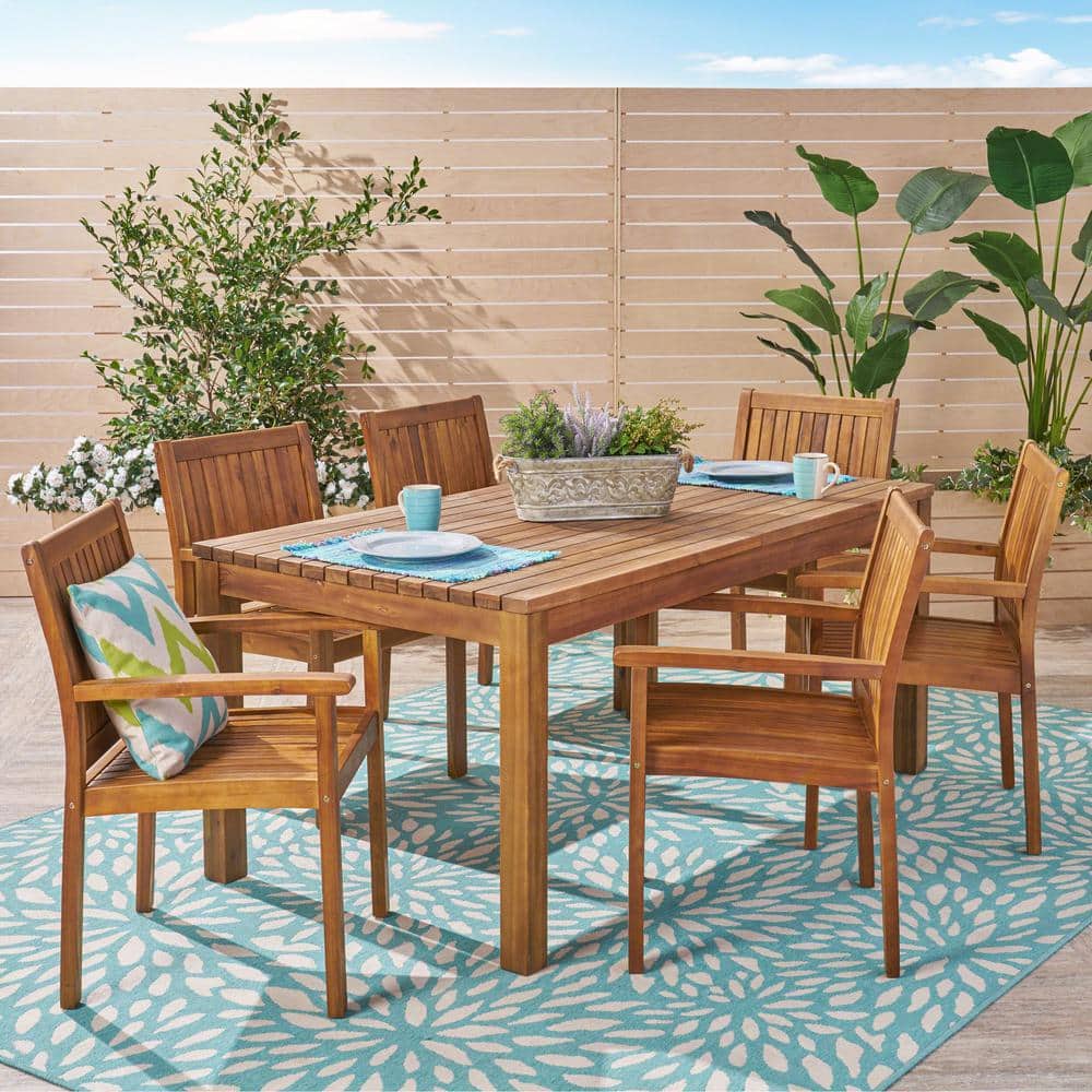 Noble House Wiloson Teak Brown 7-Piece Wood Outdoor Patio Dining Set ...