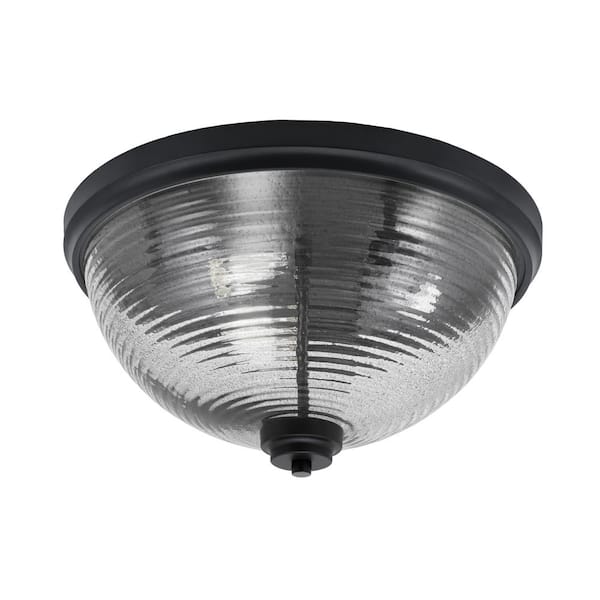 Unbranded Ashland 16 in. 3 Light Matte Black Flush Mount with Smoke Ribbed Glass Shade No Bulbs Included