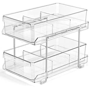 2 Tier Clear Organizer with Dividers, Multi-Purpose Slide-Out Storage Container, Bathroom Vanity Counter Organizing Tray