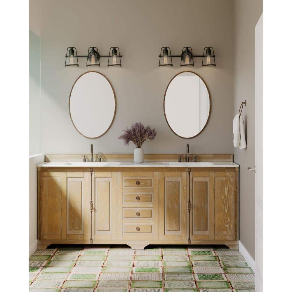 Matte Black Steel 3-Light Bath Vanity with Clear Seeded Glass