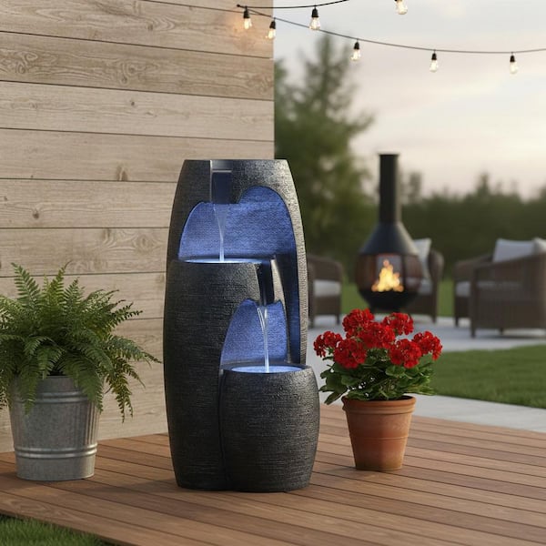 28 in. Outdoor Cascade Fountain with Cool Glow Lighting, Adjustable Flow and Electric Pump in Black