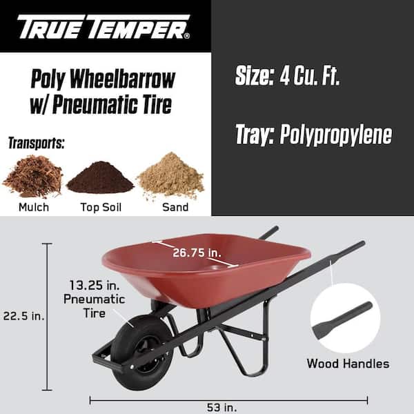 4 cu. ft. Polypropylene Poly Powered Wheelbarrow and Steel Undercarriage with Hardwood Handles and Air Filled Tire