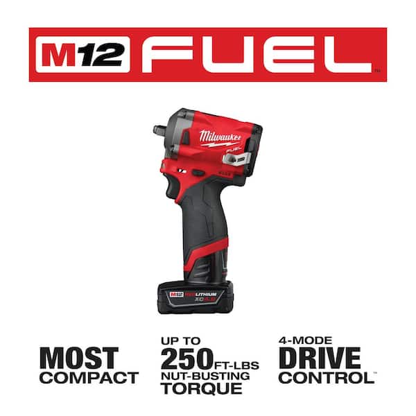 Milwaukee - M12 FUEL 12V Lithium-Ion Brushless Cordless Stubby 3/8 in. Impact Wrench Kit With M12 4.0Ah Battery