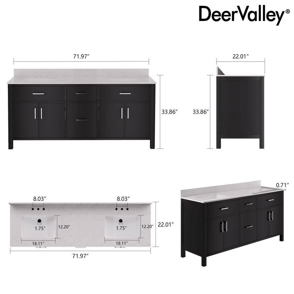 72" Black Double Freestanding Bathroom Vanity with Marble Top