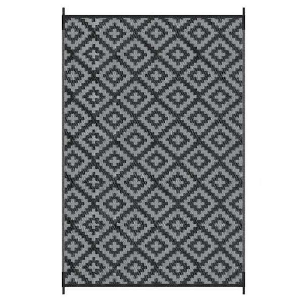 Angel Sar 4 ft. x 6 ft. Outdoor Waterproof Reversible Plastic Straw Rug for Camping Patio Balcony, Black and Grey Plaid