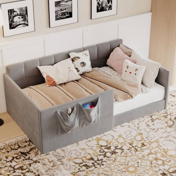 Harper & Bright Designs Gray Twin Size Velvet Upholstered Daybed