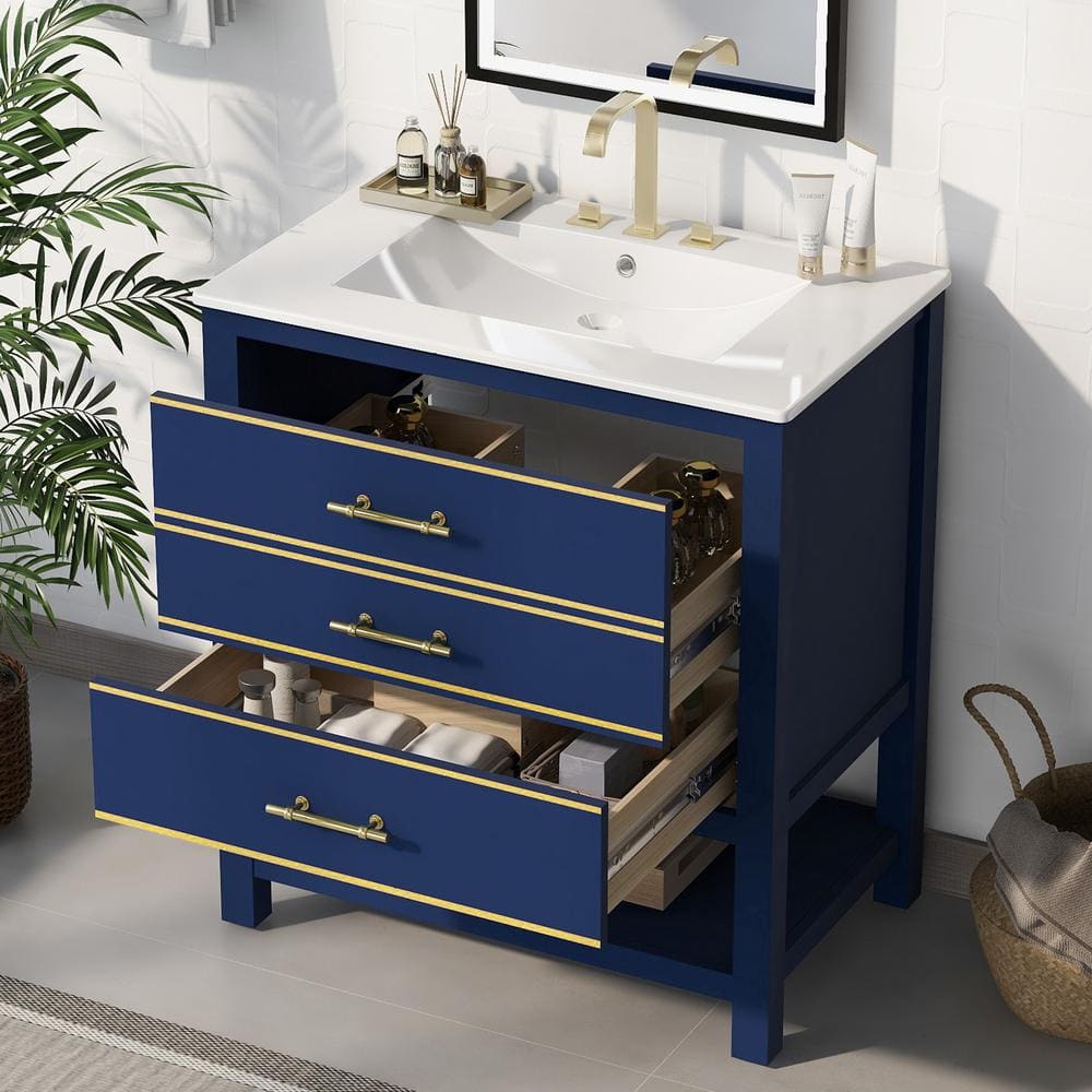 30 in. W x 18 in. D x 34 in. H Freestanding Bath Vanity in Blue with White 