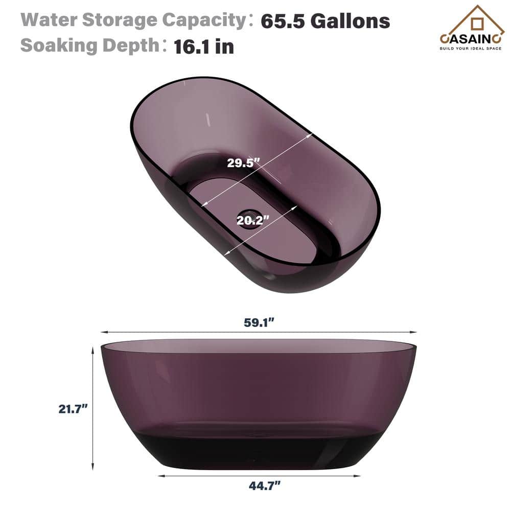 59-Inch Freestanding Transparent Purple Resin Bathtub