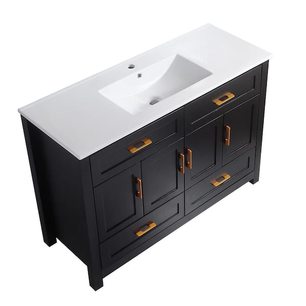 47.64 in. Single Sink Freestanding Black Bath Vanity with White Ceramic Top, 4 Soft-Close Doors, 4 Drawer, Unassembled