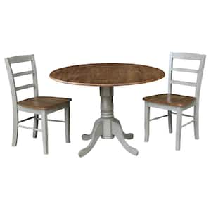 42 in. 3-Piece Distressed Hickory and Stone Drop-leaf Round Dining Table Set with 2-Side Chairs