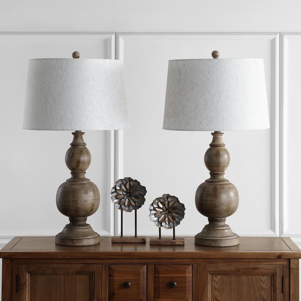 Araceli Traditional Carved Wood-Inspired Table Lamp Set, Brown and White