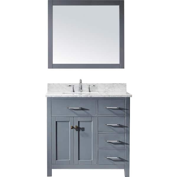 Virtu USA Caroline Parkway 36 in. W Bath Vanity in Gray with Marble Vanity Top in White with Square Basin and Mirror