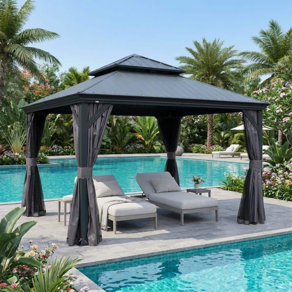 12x12 FT Hardtop Gazebo, Resin Roof, Drainage Gutters, Heavy Duty Pavilion with Curtains and Netting price history on PriceWatchPro