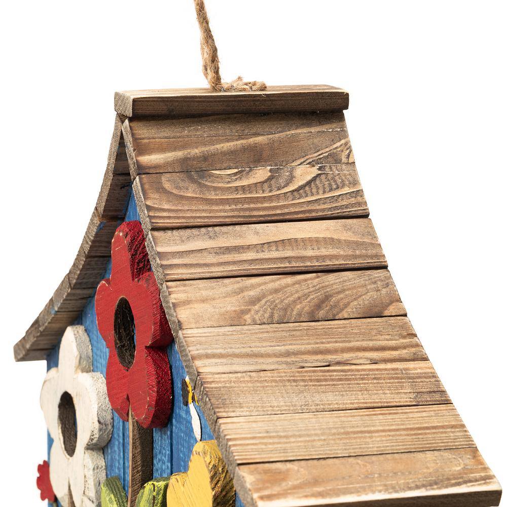 Oversized Blue Wooden Birdhouse with 3D Flowers