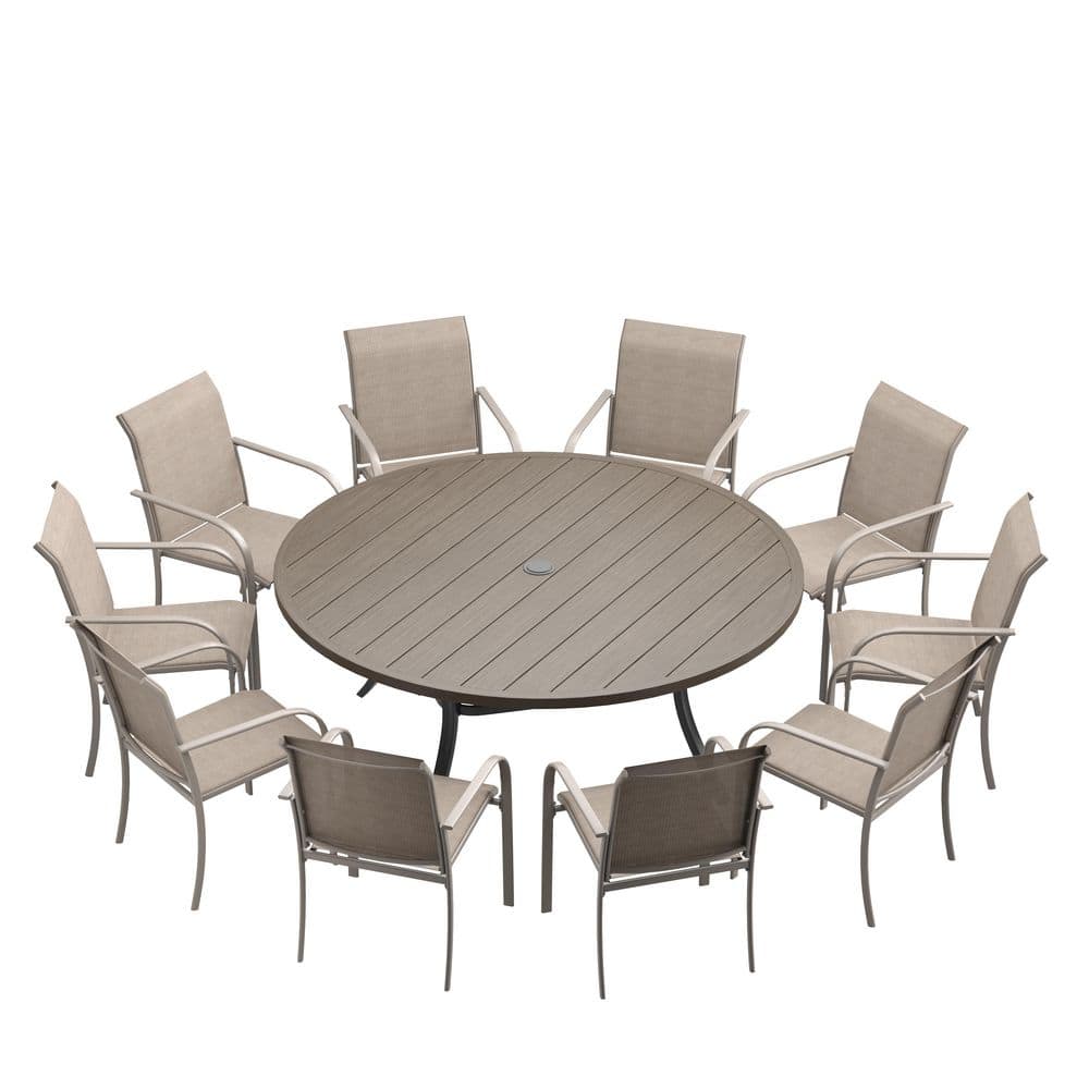 11-Piece Metal Outdoor Dining Set with Grey Wood-Like Round Table and 10 Sandshell Stackable Dining Chairs for 10 Person price history on PriceWatchPro