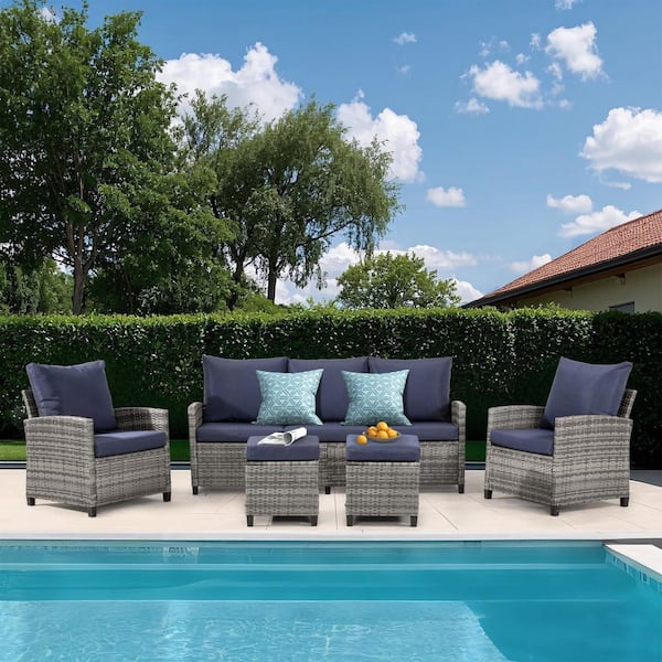 JUSKYS New Gray 5-Piece Wicker Outdoor Patio Conversation Seating Set with Dark-Blue Cushions and Ottomans