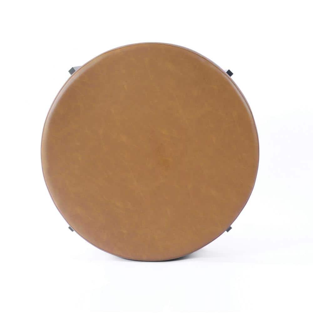 Carmel Faux Leather Round Ottoman with Black Metal Legs