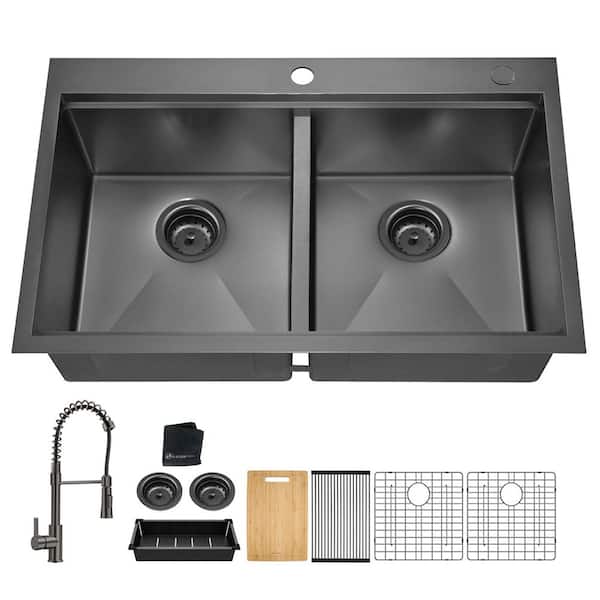 33 in. x 22 in. Drop-In Double Bowl 18-Gauge Gunmetal Black Stainless Steel Kitchen Sink with Faucet and Bottom Grids