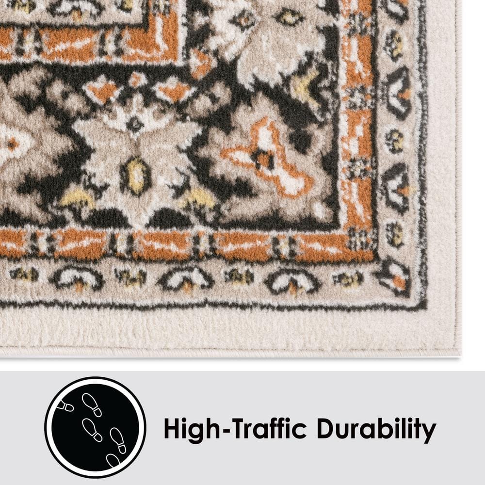 Ivory and Brown Traditional Medallion Area Rug, 5'3" x 7'5"