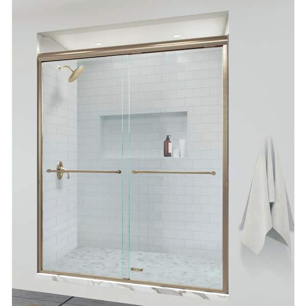 Basco Infinity 58-1/2 in. x 70 in. Semi-Frameless Sliding Shower Door in Brushed Gold with Clear Glass