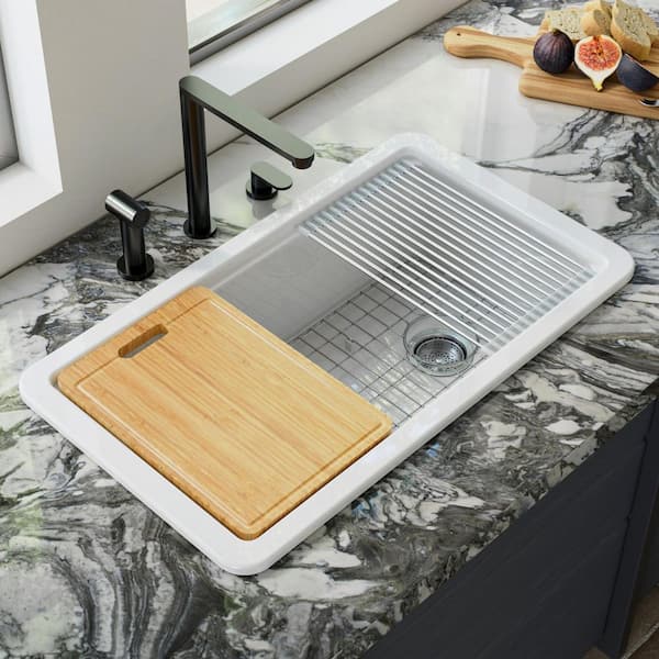 Undermount Kitchen Sink 33 in. x 19 in. Workstation White Fireclay Single Bowl, Drying Rack and Cutting Board Included