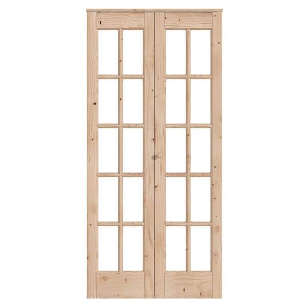 30 in. x 96 in. Unfinished Clear Glass Solid Core Wood Spruce Brown French Bi-Fold Door with Hardware