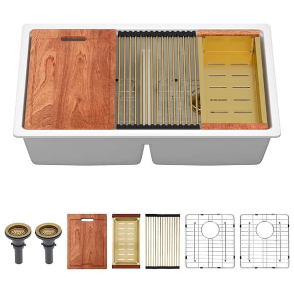 Quartz Composite 33 in. x 19 in. White Undermount 50/50 Double Bowl Low Divide Workstation Kitchen Sink with Bottom Grid