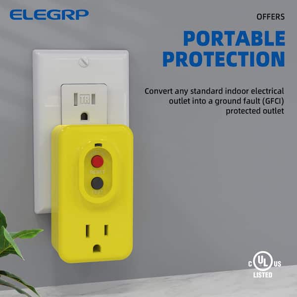 ELEGRP 15 Amp Single Outlet GFCI Adapter, 3-Prong Grounded GFCI Adapter Plug, for Indoor Use with Manual Reset, Yellow