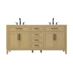 72 in. Double Sink Freestanding Honey Brown Bath Vanity with Marble White Engineered Marble Top