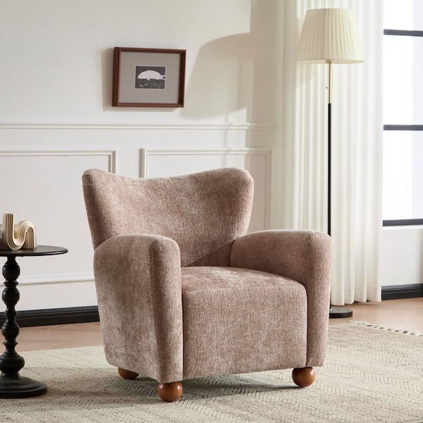 Georgia Modern Beige Brown Chenille Upholstered Accent Chair Wingback Arm Chair with Solid Wood Legs