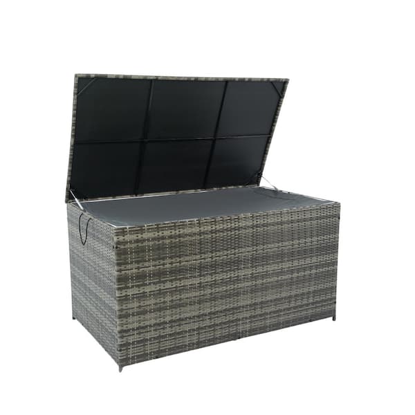 200 Gal. Gray Wicker Deck Box with Wheels Rattan Storage Bin for Patio Furniture