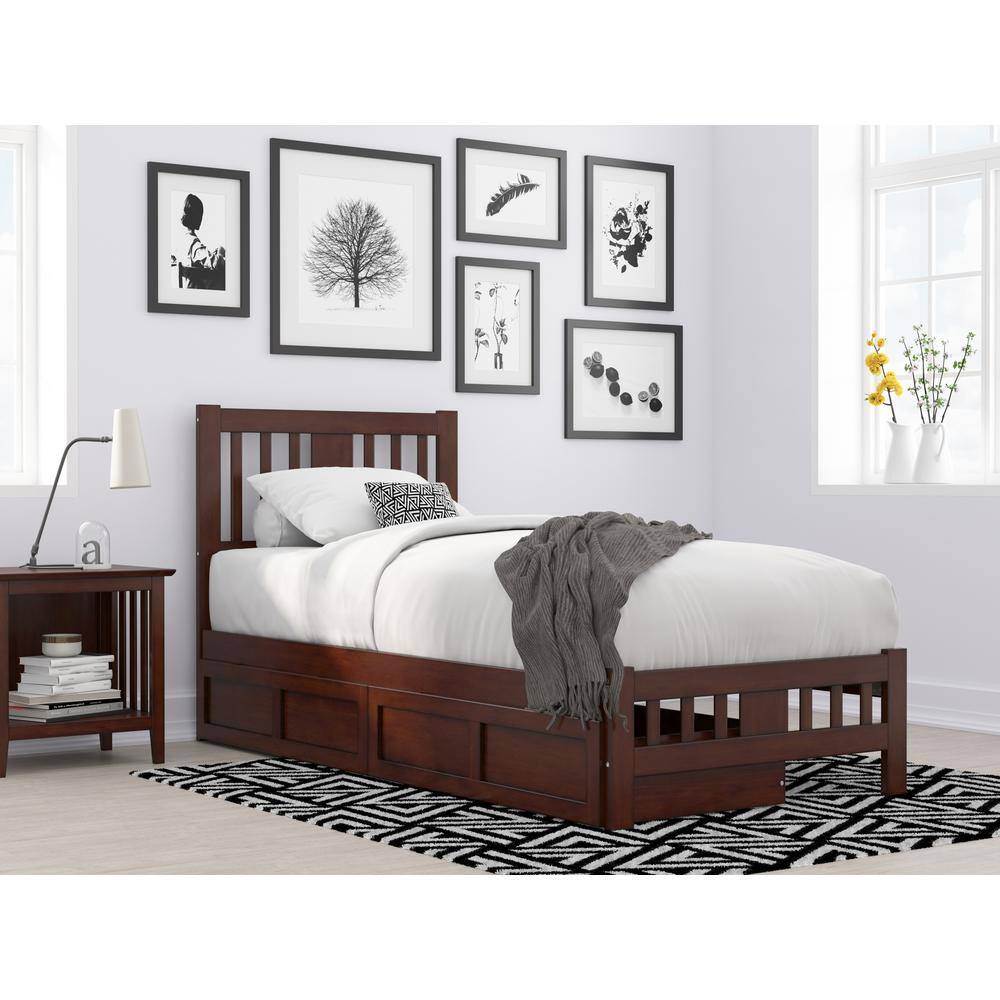 Walnut Wood Twin XL Bed with Headboard and 2 Drawers