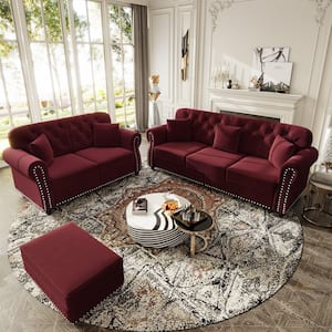 POLKA　ソファ　　BK/BR/IV/RD Polibi 82.6 in. Rolled Arm Velvet Rectangle Sofa in Burgundy with