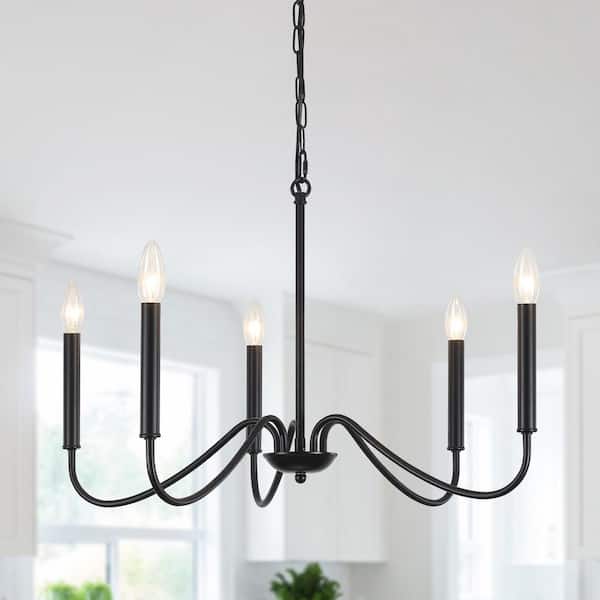 ZJVAIVE 5-Light Black Candle Design Hanging Linear Chandelier Lighting for Kitchen Island