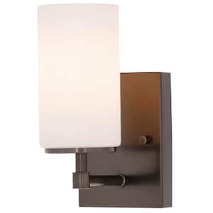 Alturas 4.375 in. Brushed Oil Rubbed Bronze Modern Contemporary Wall Sconce Vanity Light with Satin Etched Glass Shade