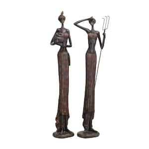 Red Polystone Handmade Tall African Women People Sculpture with Carved Dresswear (Set of 2)