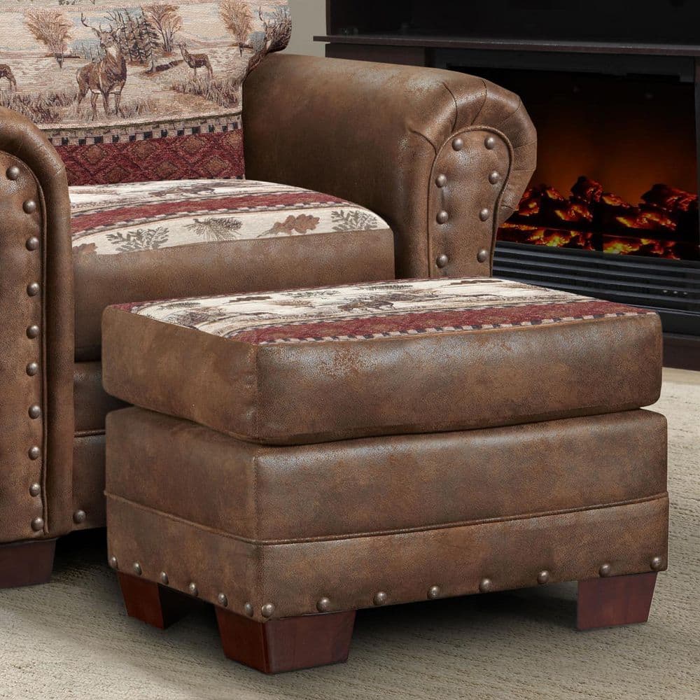 Deer Valley Rustic Lodge-Inspired Ottoman with Nailhead Accents