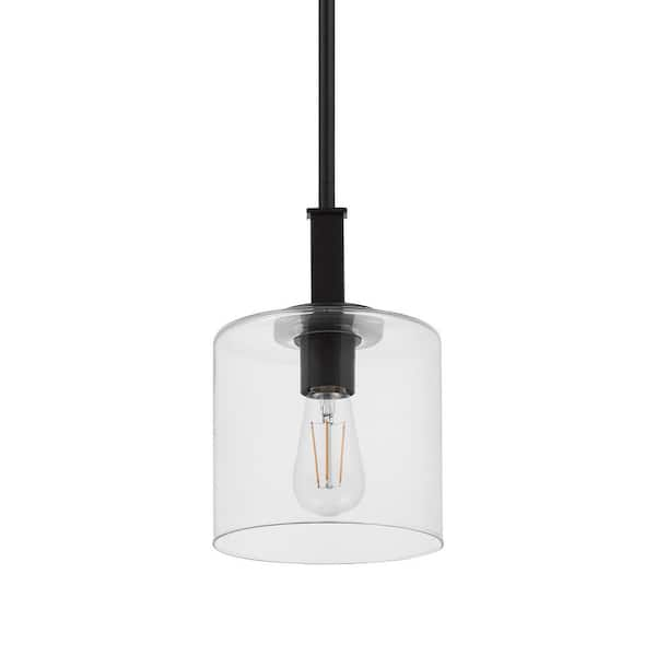 Hampton Bay Kendall Manor 1-Light Matte Black Mini Pendant Hanging Light, Kitchen Pendant Lighting with Clear Glass Shade